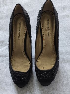 Adrienne Vittadini Black Embellished Peep-Toe Heels